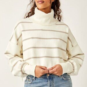 Free People sweater Paulie Stripe Turtleneck Small Neutral Boho Cropped Knit